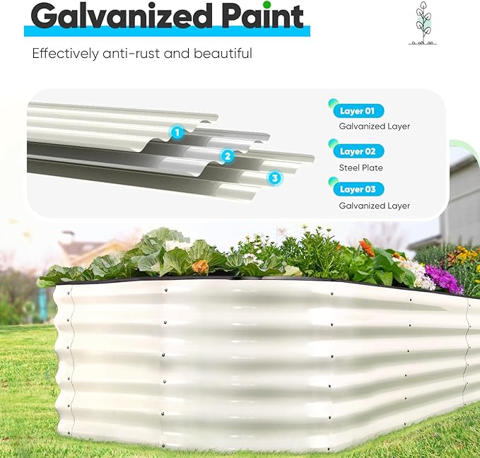 Quictent Galvanized Raised Garden Bed Kit Tall, 6x3x1.5 ft Oval Large Planting Box Rubber Strip Edging, for Vegetables Outdoor Strengthened by Crossbar (Beige)