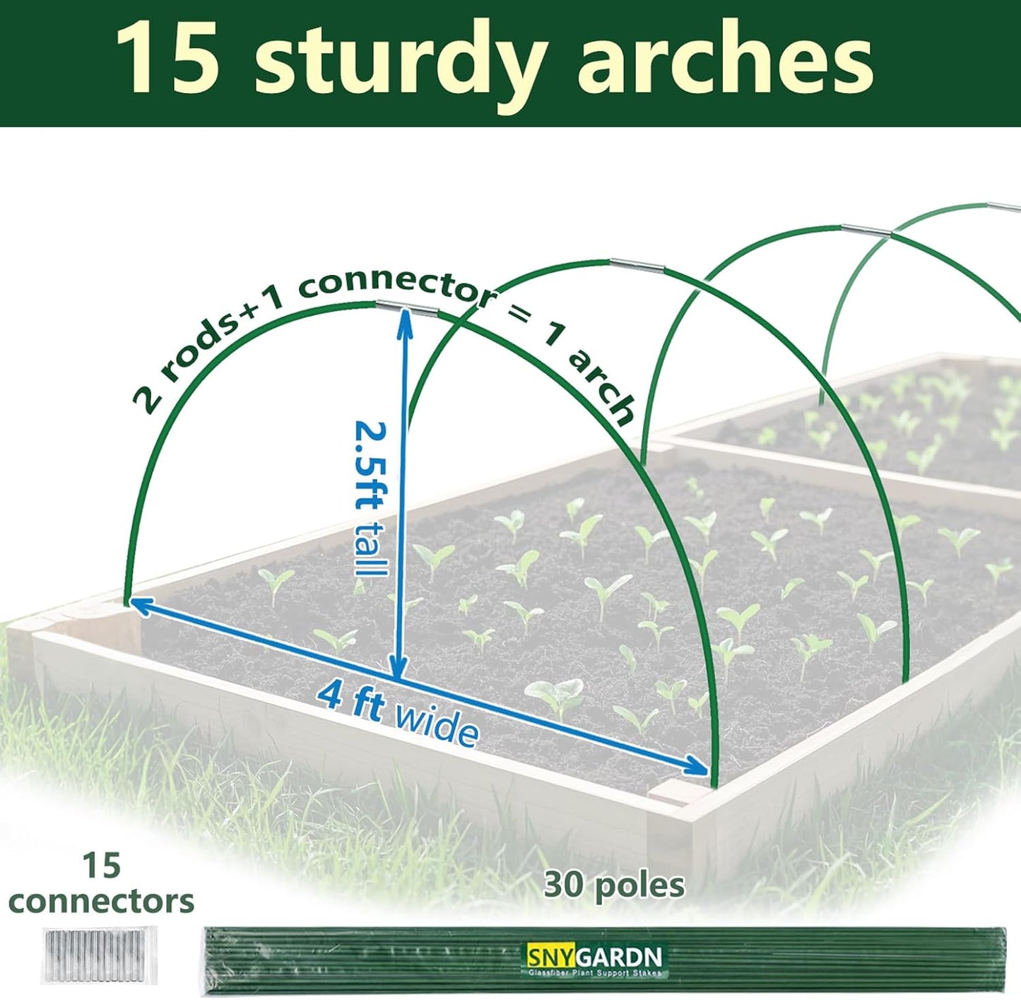 Garden Greenhouse Hoops Kit 15 Sets -2-Section Design, 8ft Grow Tunnels Poles Plant Raised Beds, 30 Pcs 4ft Solid Fiberglass Support Stakes 15 Metal Connectors -Quick Assembly No Loose Parts (Black)