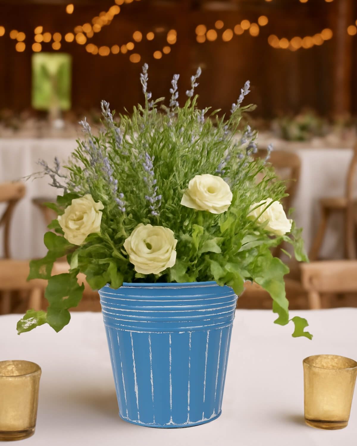 6 Inch Steel Blue Metal Rustic Flower Pots - 6Pcs Galvanized Planters with Drainage Hole and Rubber Plug, Rustproof Metal Bucket Plant Pots Farmhouse Vintage Style for Decor