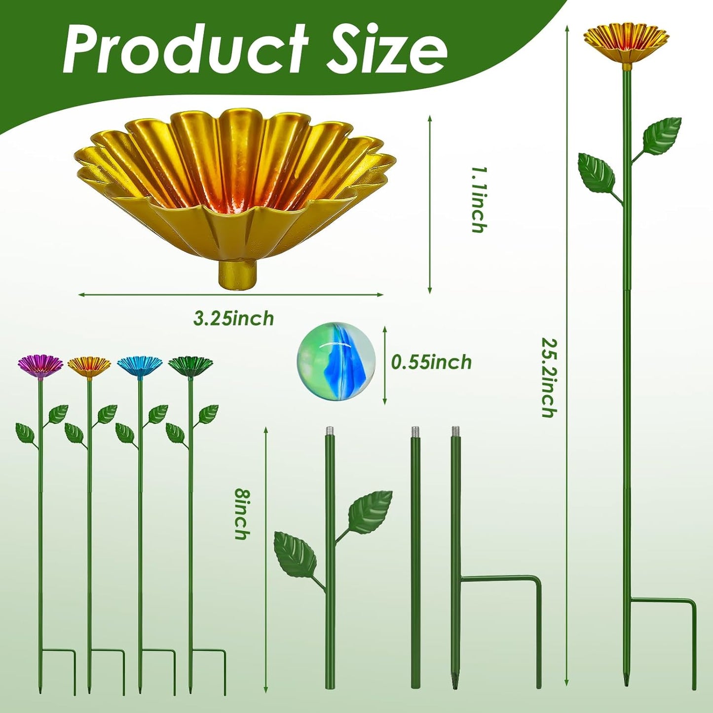 4 Pcs Metal Bee Watering Station for Garden - Height-Adjustable Bee & Butterfly Feeder with 20 Glass Marbles, Colorful Flower Design Bee Bath Bowl for Outdoor Yard Decor