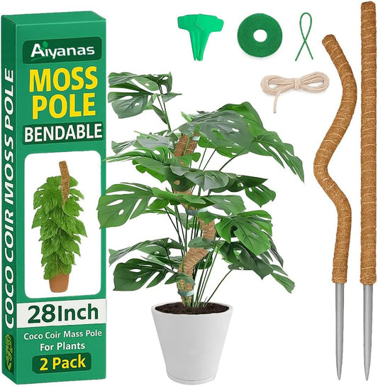 2 Pack Moss Pole for Plants Monstera, 28 Inch Bendable Plant Pole for Plant Support, Coco Coir Moss Poles for Climbing Plants, Handmade Moss Sticks for Creeper Plants Grow Upwards
