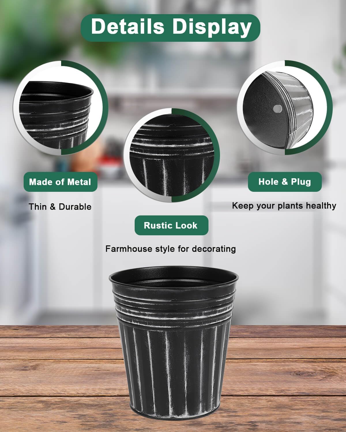 6 Inch Black Metal Rustic Flower Pots - 6Pcs Galvanized Planters with Drainage Hole and Rubber Plug, Rustproof Metal Bucket Plant Pots Farmhouse Vintage Style for Decor