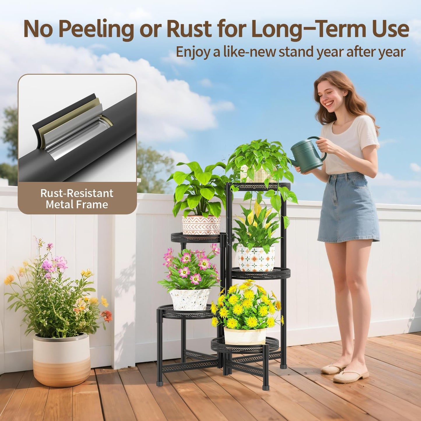 LASZOLA 5 Tiered Folding Tall Plant Stand for Indoor Outdoor Corner, Larger Heavy Duty Metal Adjustable Multiple Rack with 10 Inch Wide Hollow Tray, Flower Planter Holder for Modern House Patio, Black