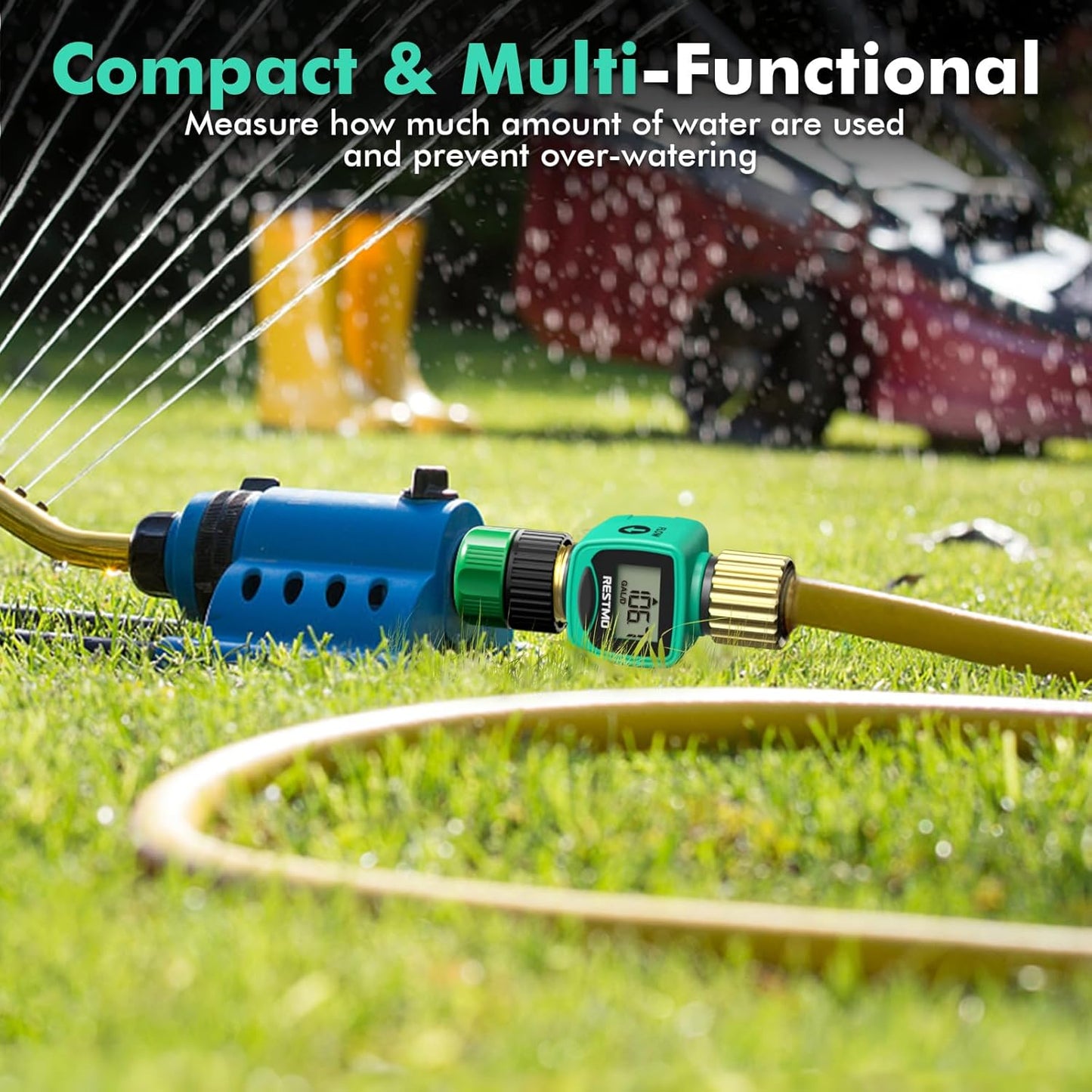 RESTMO Water Flow Meter with Brass Inlet & Outlet, Measure Gallon/Liter Consumption and Flow Rate for Outdoor Garden Hose Watering, RV Water Tank Filling, Lawn Sprinkler and Nozzle Sprayer