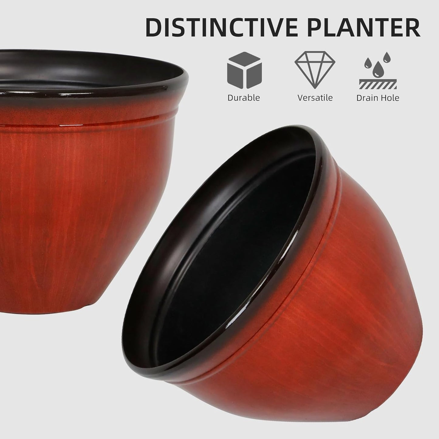 Worth Garden 8-Inch Dia. Round Red Plastic Planters with Drain Holes, 5.9-Inch Height - 2-Pack Glossy Finish Bell-Shaped Plant Pot – Lightweight Indoor/Outdoor Flower Pots