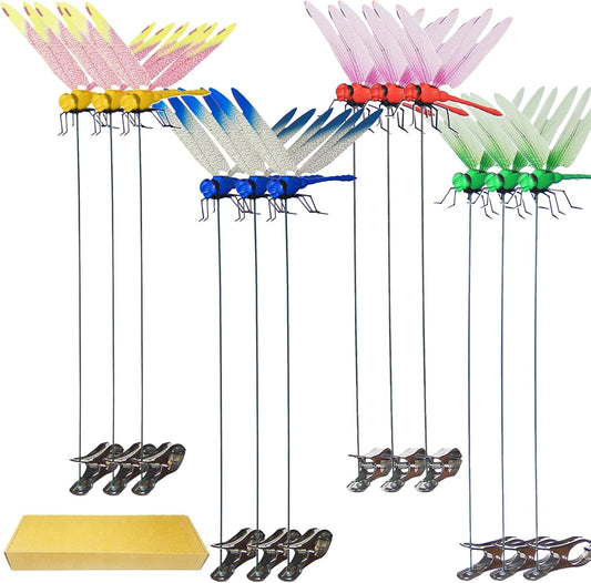 Jongdari 12pcs Dragonfly Hat Clip Bug Repellent Realistic Fake Dragonflies Clip-On Garden Outdoor Decor Stakes Plastic Dragon Fly Clips Plant Decorations for Pot