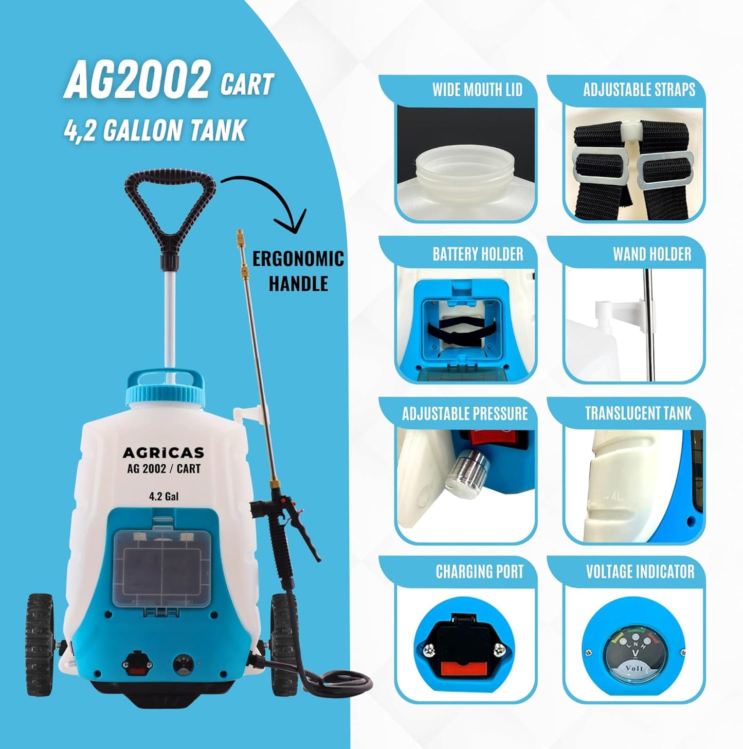 4.2 Gallon Battery Powered Sprayer with Cart - Professional Sprayer Gun - Wheeled Cart for Lawn & Garden with Adjustable Nozzles and Backpack, Weeding and Cleaning