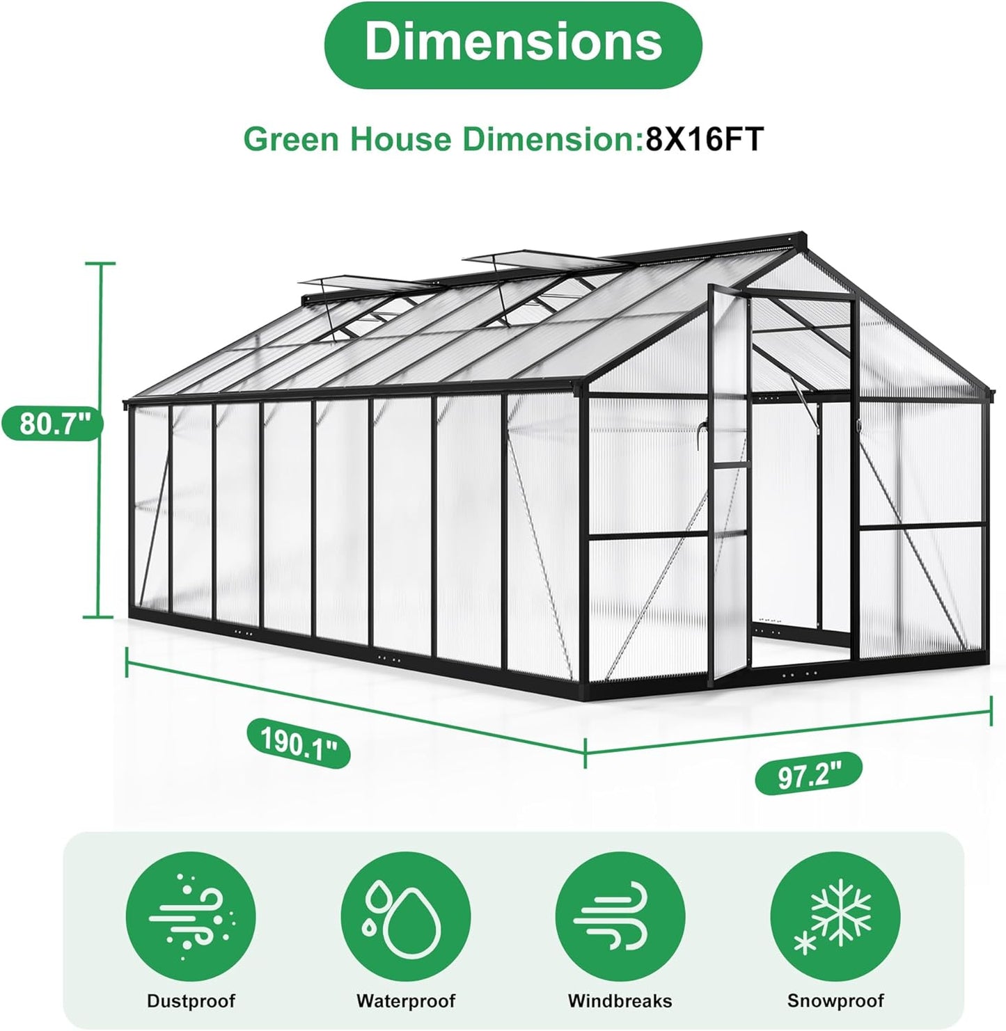 WKM 8x16 FT Greenhouse for Outdoors, Polycarbonate Greenhouse with Roof Vent and Quick Setup Structure, Aluminum Greenhouse for Garden Backyard, Black