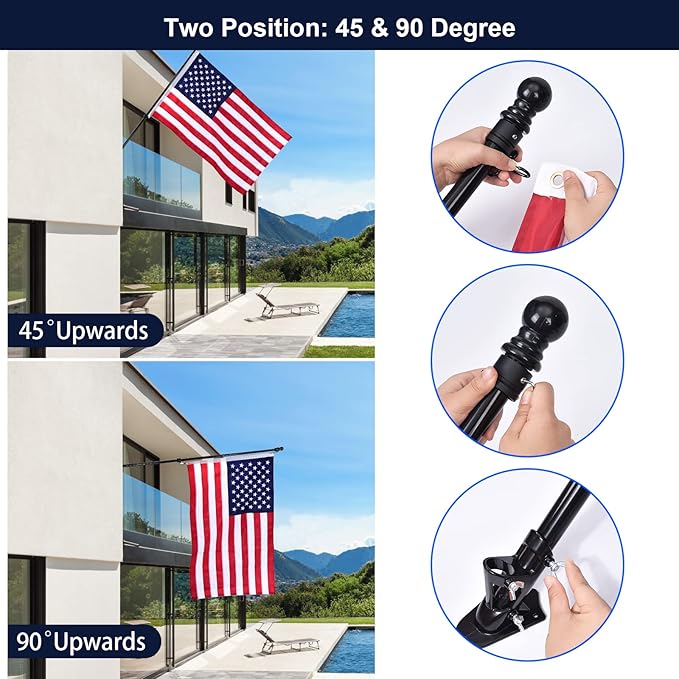 Quarut House Flag Pole Kit,Including 6Ft Stainless Steel Flag Pole,Heavy Duty Nylon 3x5 Ft American Flag,Aluminum Alloy Rings and Bracket.Wall Mounted Flagpole Set for Residential Commercial（Black)