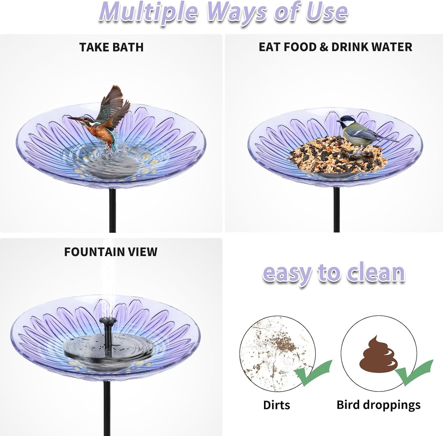 MUMTOP Bird Baths for Outdoors, Glass Bird Bath Stake, Purple Daisy Birdbaths & Support, Bee Baths for Garden, Outside, Lawn, Outdoor Decor