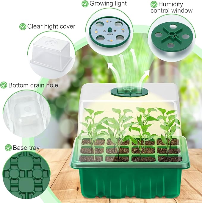 Lunies 6 Packs Seed Starter Tray with Grow Light, Indoor Greenhouse Seeding Starter Trays for Planting, Base Gardening Plant Germination Kit, Seed Starter Kit with Humidity Domes, (12 Cells per Tray)