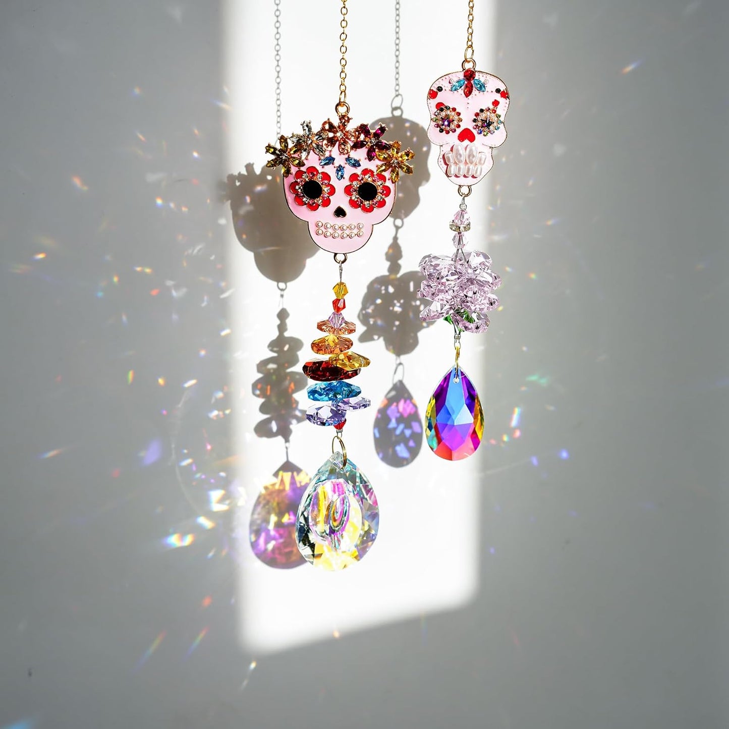 Skull-Shaped Colorful Rhinestones Pendant, Crystal Beads Chain with Glass Chandelier Suncatcher Drops Prisms Hang Ornament, Pack of 2