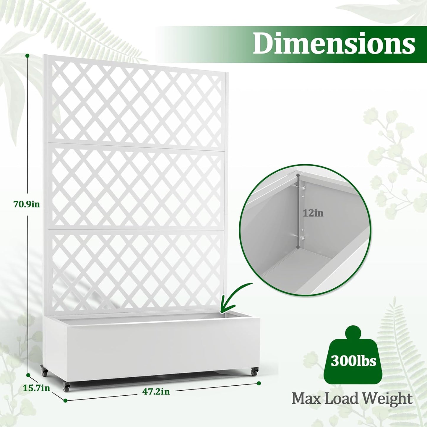 Metal Raised Garden Bed with Trellis and Wheels, 2 in 1 Trellis with Planter Box & Privacy Screen for Climbing Plants, Outdoor Standing Flower Beds with Drainage Holes, 47.2''L×15.7''W×70.9''H, White