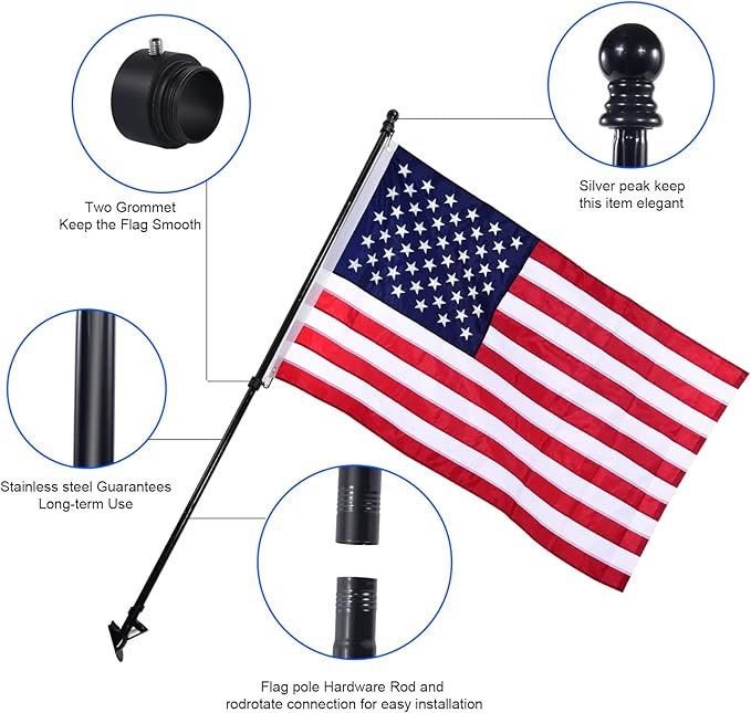 Quarut House Flag Pole Kit,Including 6Ft Stainless Steel Flag Pole,Heavy Duty Nylon 3x5 Ft American Flag,Aluminum Alloy Rings and Bracket.Wall Mounted Flagpole Set for Residential Commercial（Black)