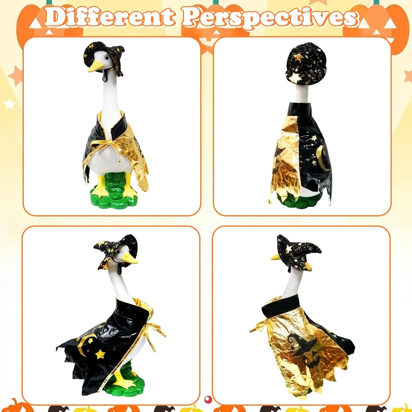 Large White Goose Statue Cygnus, Funny Halloween Big Bird Decor Garden Sculpture with Black Magic Cloak Costume Clothes and Hat Home Porch Patio Pond Yard Art Duck Figurine 19’’ Christmas Decorations