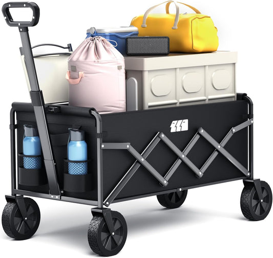 Collapsible Foldable Wagon, Foldig Wagon with Wheel Heavy Duty with 180lbs Weight Capacity Lightweight Utility Camping Cart for Groceries Garden Beach Sports Fishing (Black)