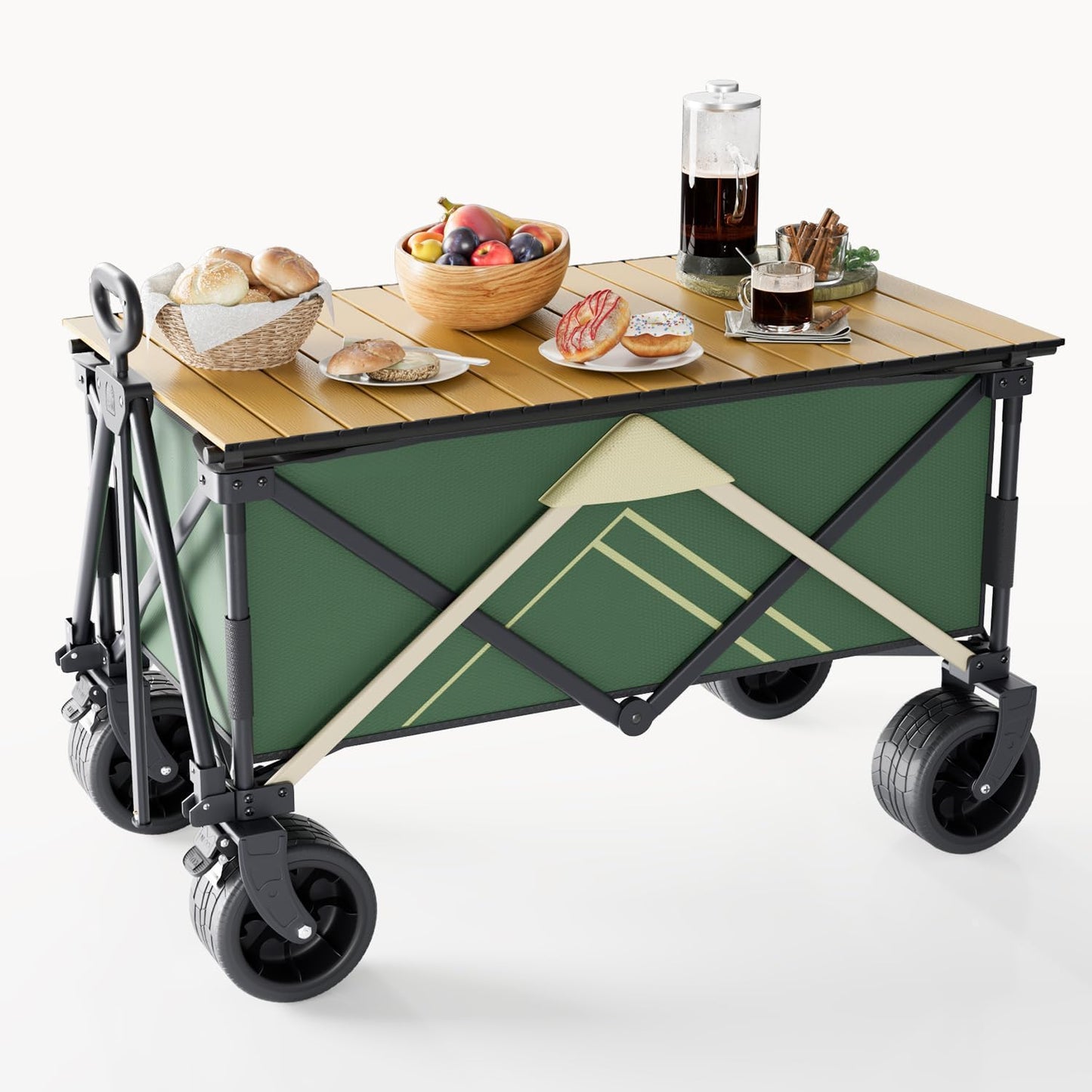 Wagons Carts Foldable, Wagon with Table Top,Beach Wagon with Big Wheels for Sand,Camping Sports Garden Beach Grocery（Green）