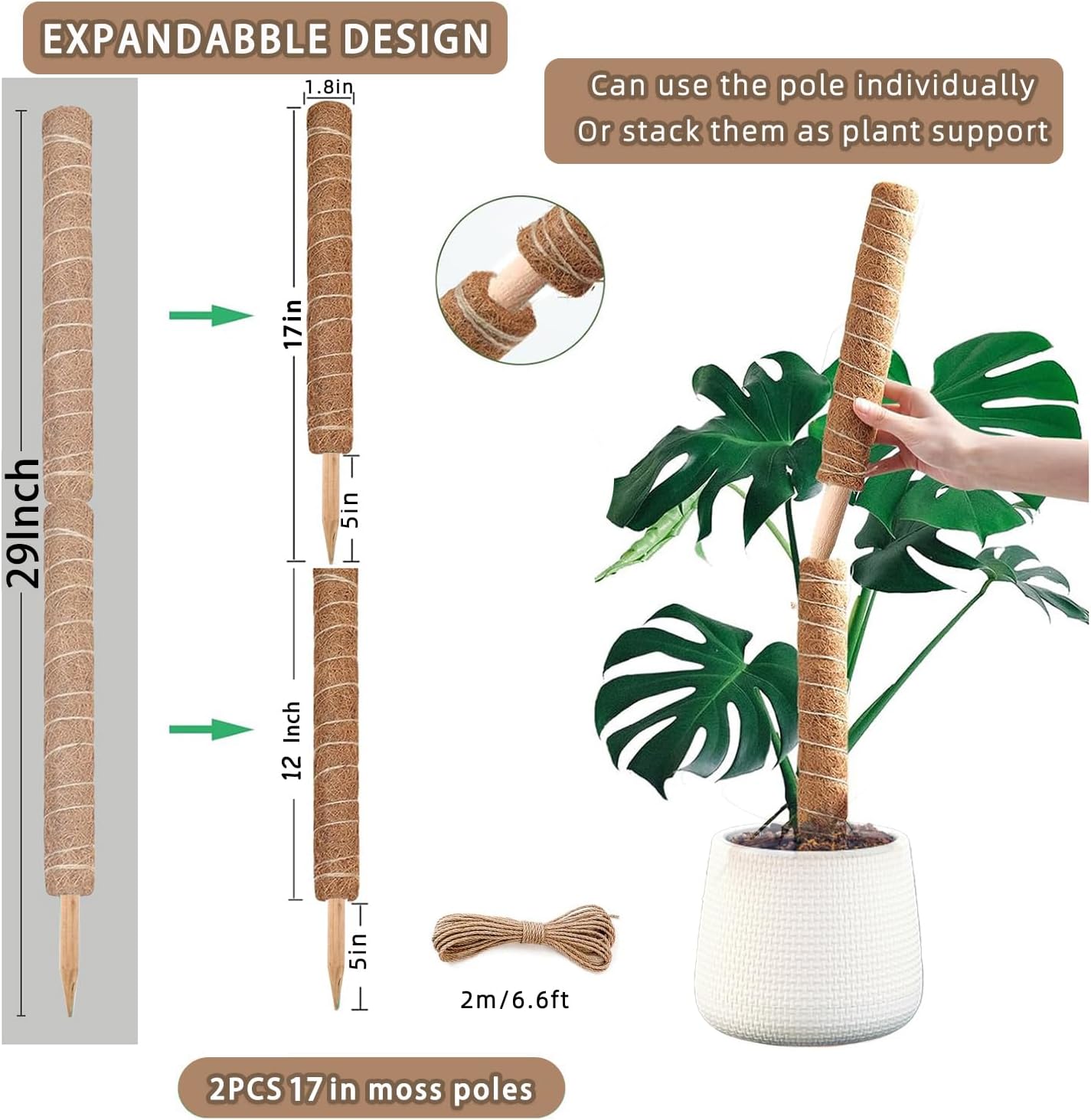 Moss Pole, 2 Pack 17 Inch Monstera Plant Support for Climbing Plants Accessories Indoor, Stackable Moss Poles Plant Support Stakes, Coir Plant Pole Sticks for Potted Plants, Pothos, Philodendron
