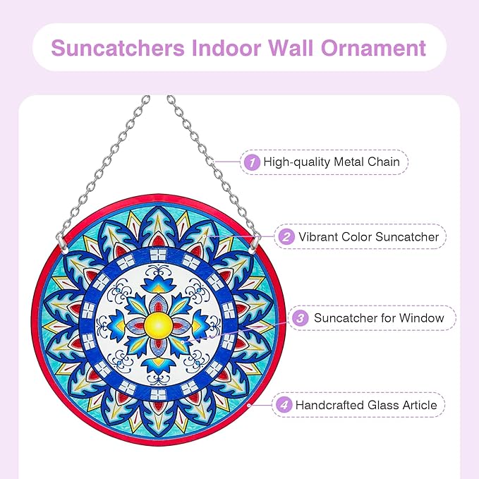 Mandala Suncatcher Stained Glass - Handmade Gifts for Women, Suncatchers for Windows - Window Hangings with Chain and Hook, 6 inch Stained Glass Suncatcher for Mom