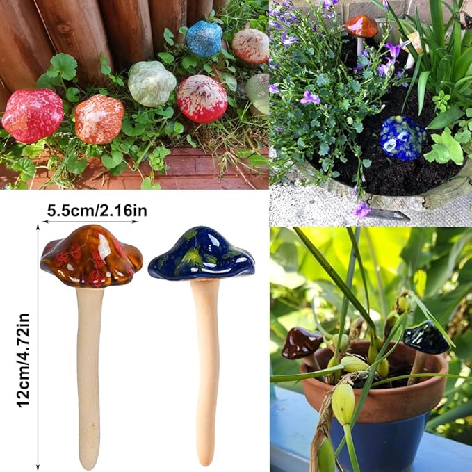 Ceramic Mushrooms for Garden 6 Pack Small Mushroom Decor Garden Decor Outside Outdoor Lawn Ornaments Decorative Plant Stakes Decorations for Pots Yard Little Toadstool Statue Gifts Brown