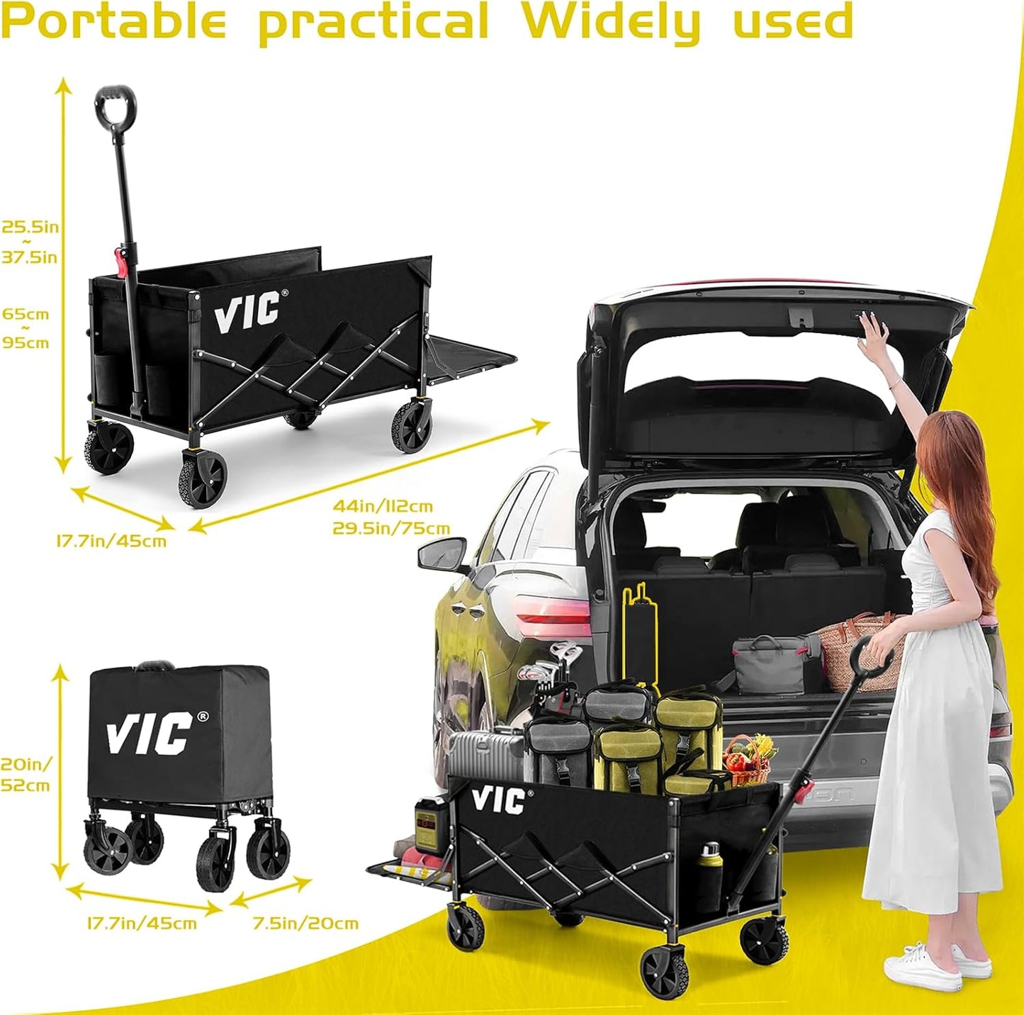 VIC Collapsible Folding Wagon Extra Long Extender Wagon Cart,Beach Wagons Cart Heavy Duty Foldable, Utility Grocery Car with Side Pocket for Camping Garden Sports, V1