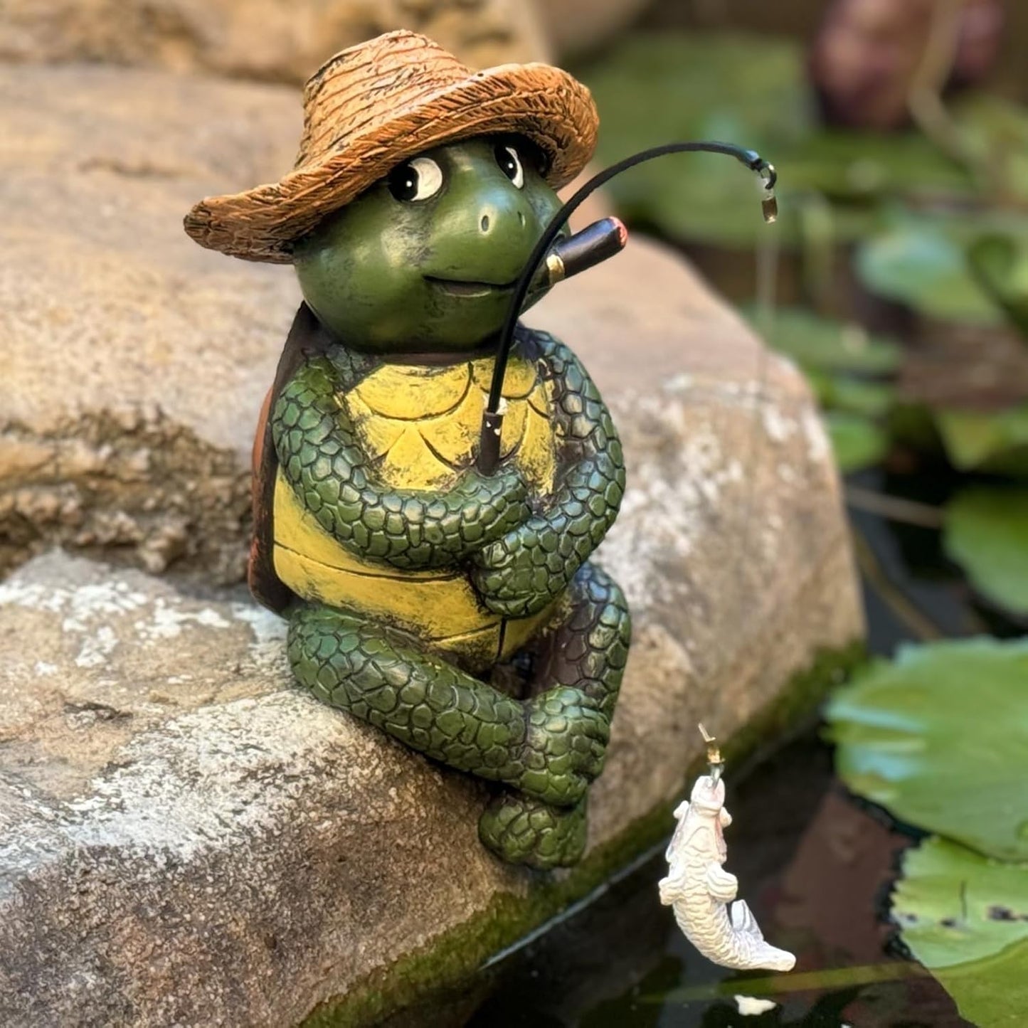 Turtle Decoration for Yard Outdoor Garden Decor 9.7 Inch Tall Fishing Turtle Statue for Koi Pond, Waterfalls or Poolside Ornaments, Fisher Animals Pond Decor, Gift for Mom & Women