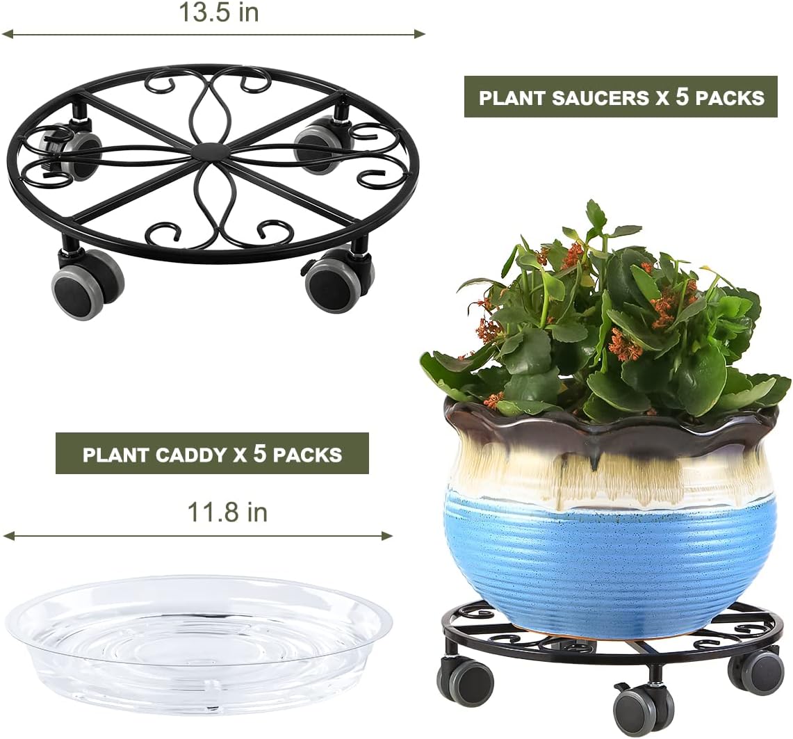 5 Pack Plant Caddy with Wheels Heavy Duty 13.5 Inches Metal Plant Stand with Wheels Plant Dolly Rolling Plant Stand Plant Roller with Casters for Indoor and Outdoor, Black