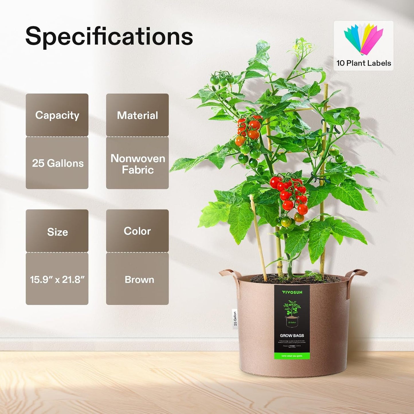 VIVOSUN 5-Pack 25 Gallons Grow Bags Heavy Duty Thickened Nonwoven Fabric Pots with Strap Handles Tan