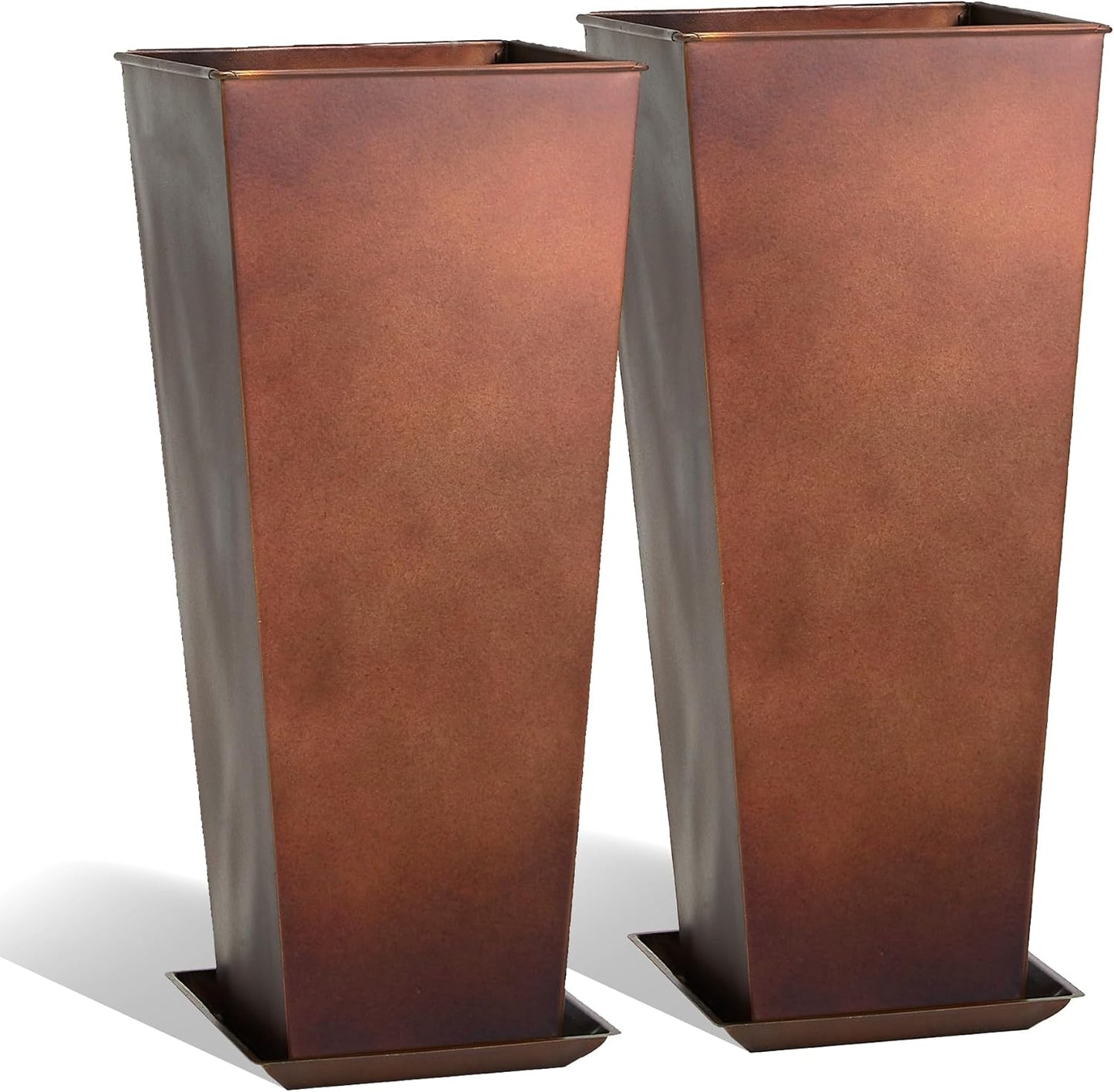 KOL 25''H. Tall Galvanized Steel Planter with Saucer, Set of 2, Planter Pots with Drainage Hole for Indoor & Outdoor Use, Decorative Flower Plant Pots for Front Porch, Patio, Deck - Rust Color