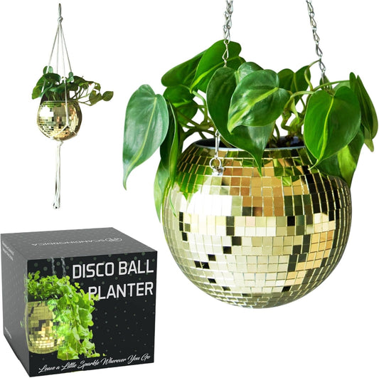 SCANDINORDICA Disco Ball Planter – Disco Ball Plant Hanger, Mirror Disco Planter with Chain, Macrame Hanger, Acrylic Stand and Insert Pot, Hanging Planter | Disco Ball Decor – 20 cm (8“) Gold