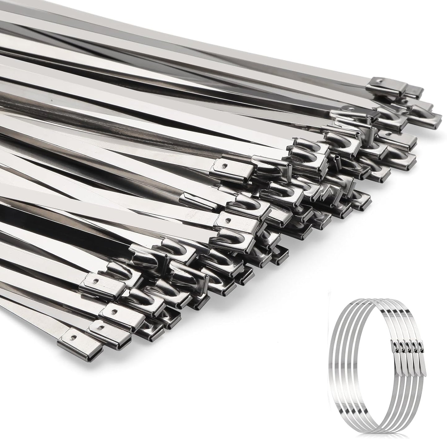 Metal Zip Ties 11.8 inch 100pcs 304 Stainless Steel Zip Ties Heavy Duty Multi Purpose Self Locking Cable Ties for Outdoor, Fence, Garden, Farm Automotive Applications Like Exhaust Packaging etc