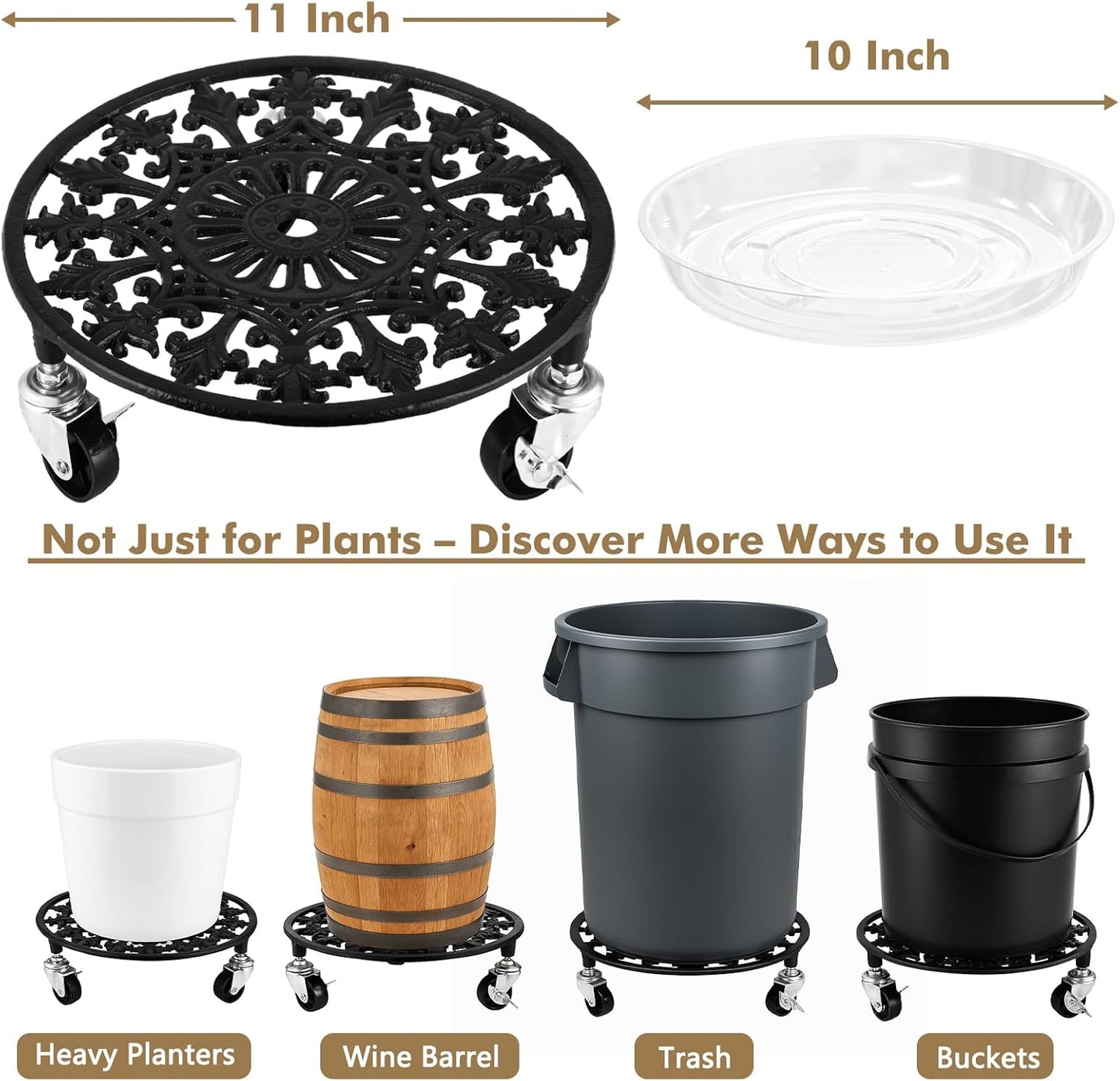 2 Pack Plant Caddy with Wheels 11 Inch Rolling Plant Stand for Large Plants Heavy Duty Plant Rollers Metal Plant Dolly Rustproof Planter Stand Wrought Iron Plant Stands Flower Cart Indoor Outdoor