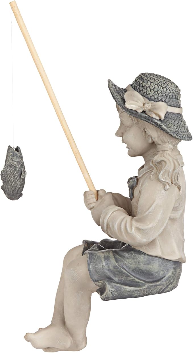 Design Toscano Big Catch Fisherwoman Nellie Girl with Fishing Pole Garden Statue, Medium 17 Inch Tall, Cast Stone Resin, Two Tone Stone Finish