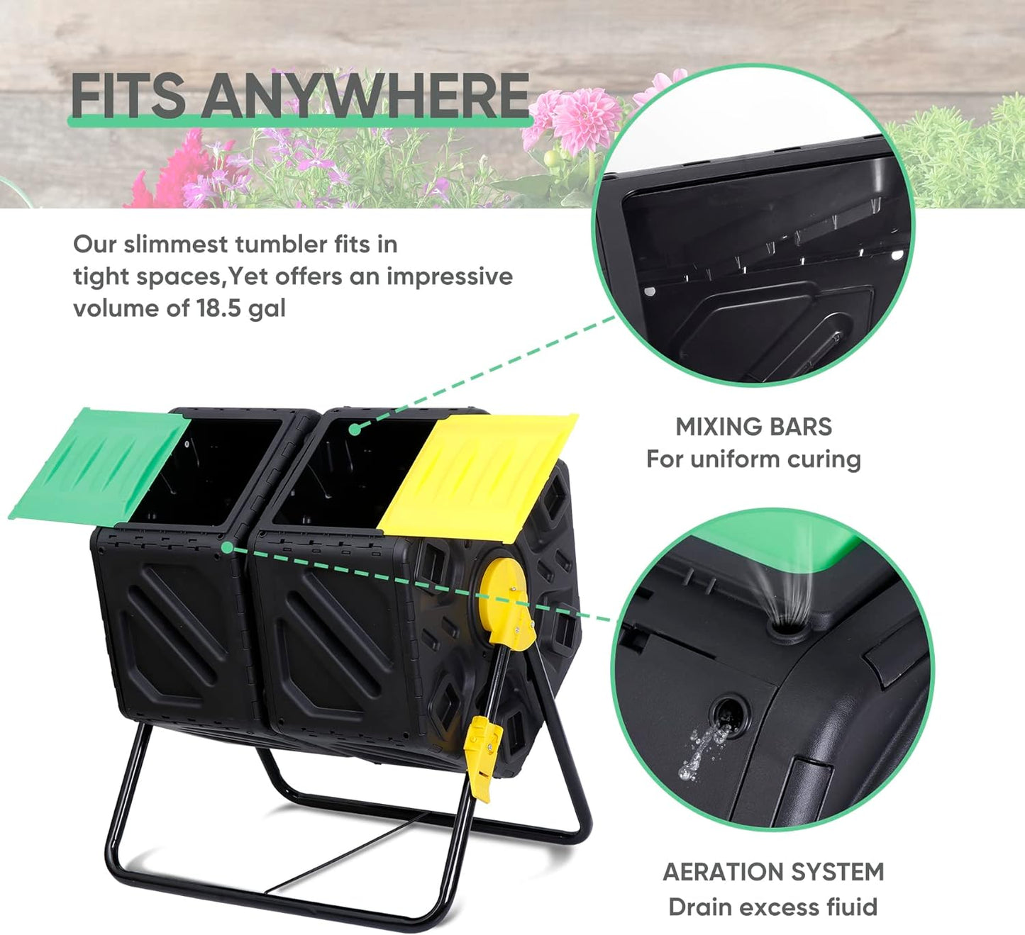F2C Dual Chamber 37 Gallon Compost Tumbler All-Season Outdoor BPA Free Large Composter Bin w/ 2 Sliding Doors and Solid Steel Frame