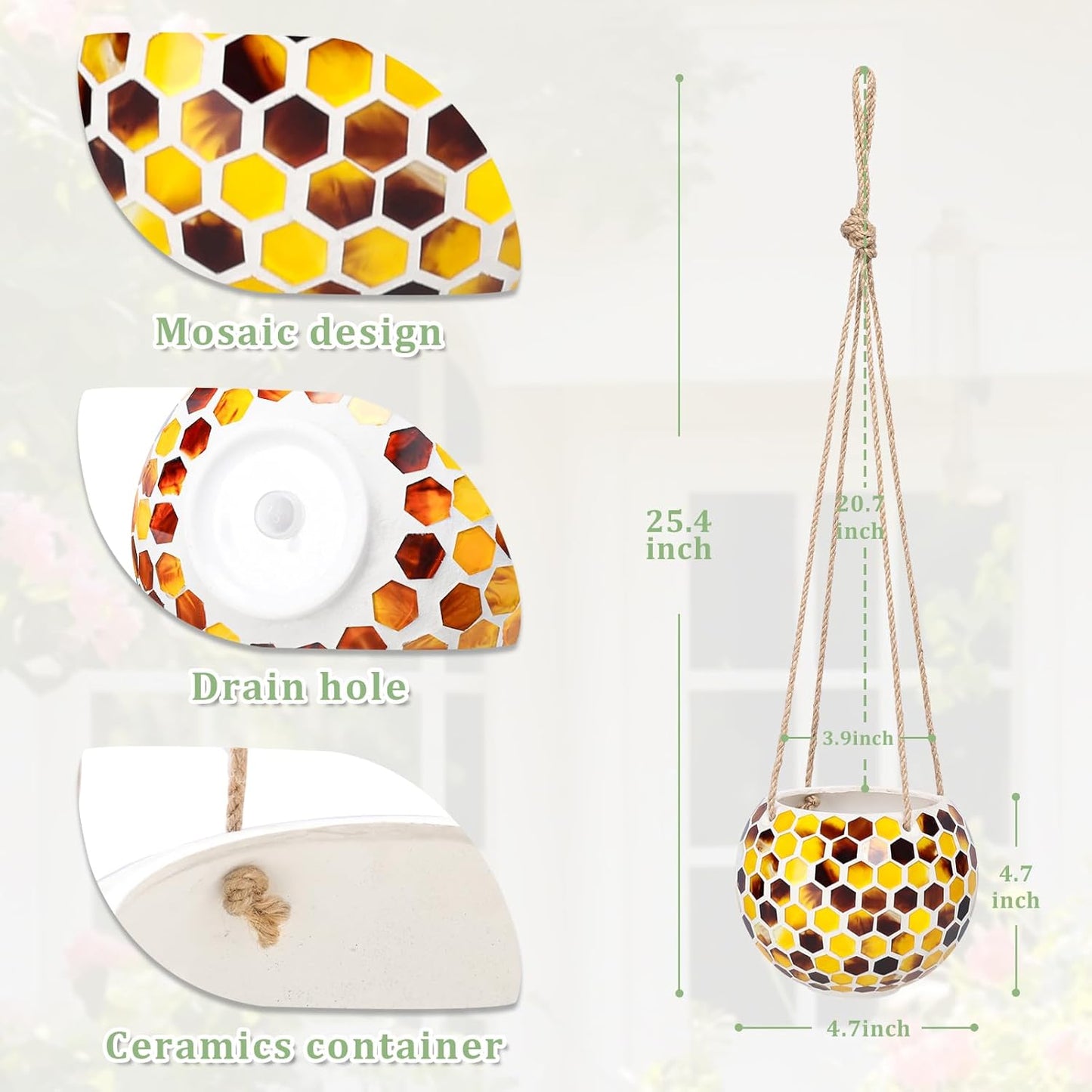 Hanging Planter Mosaic Garden Pot Small Flower Pot for Indoor Plant Disco Ball Hanging Planter with Drainage Yellow Bee