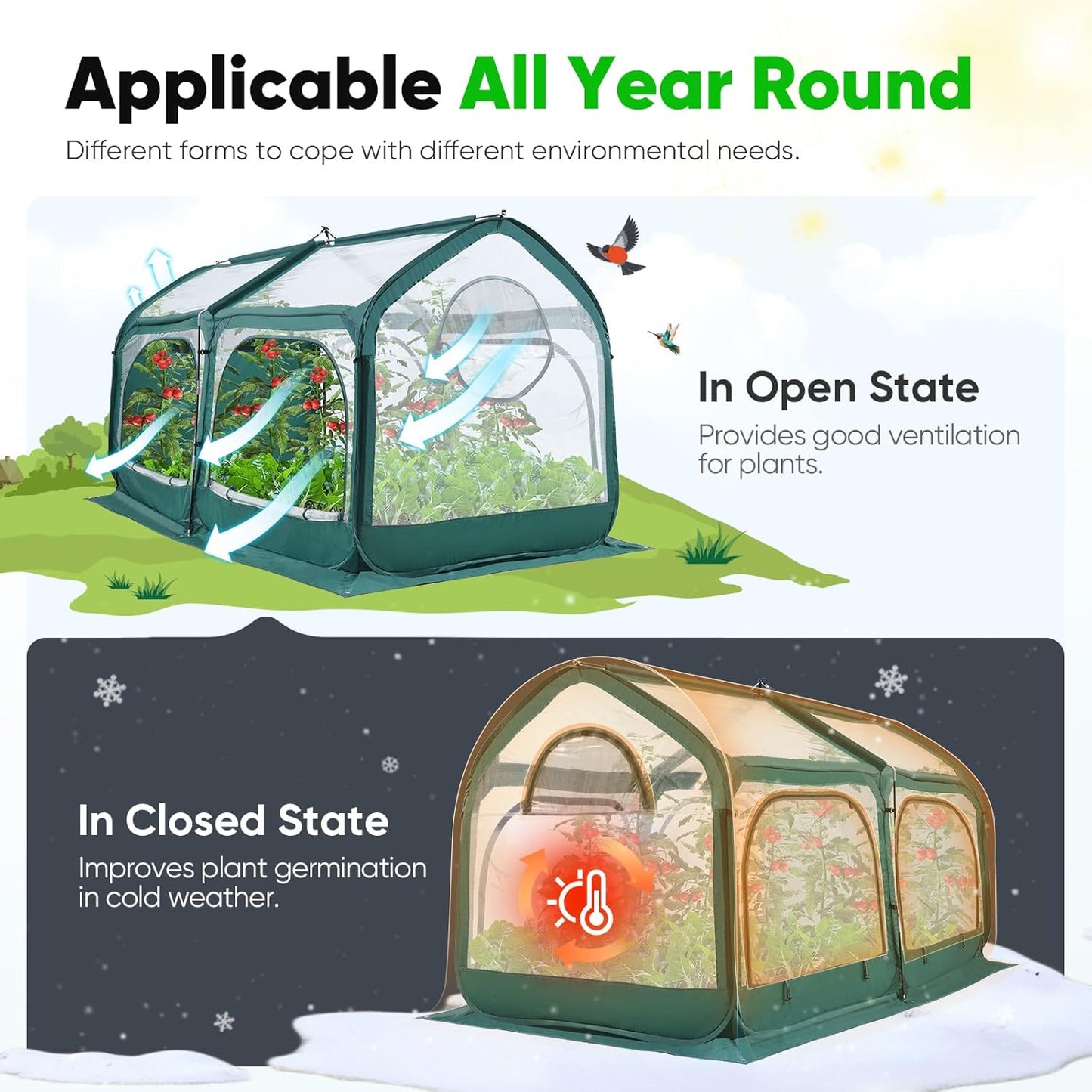 Quictent Premium Greenhouse with Screen Window, Portable Fast-up Plant Greenhouses for Outdoors with Heavy Duty Pop-up Fiberglass Frame Durable Waterproof Cover, 98.4x49.2x52.8 Inch, Green