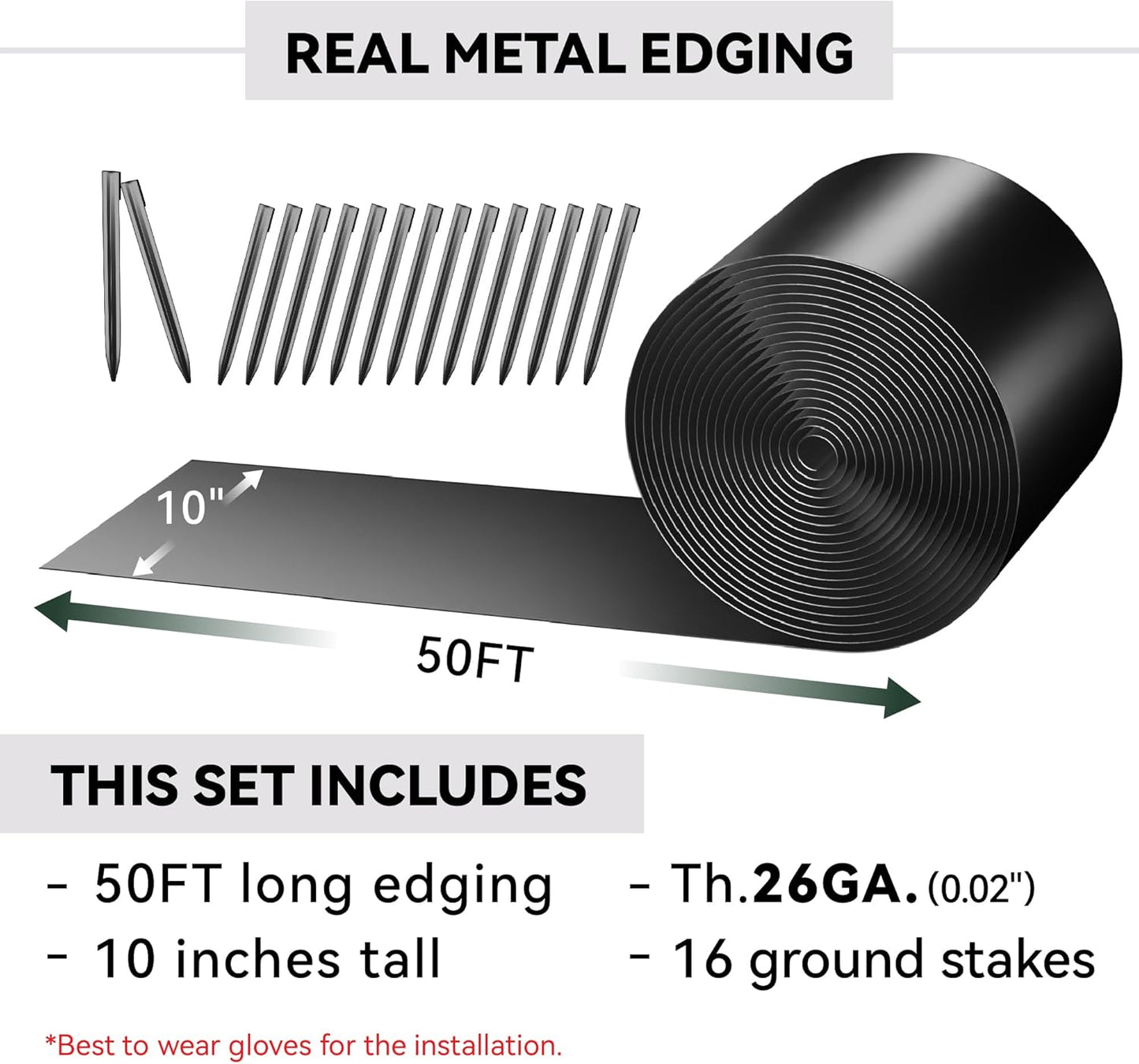 Metal Garden Landscape Edging with 16Pcs Stakes, 10" x 50Ft Galvanized Steel Lawn Edgings Roll Flexible Coil Border for Landcaping,Flower Bed,Black