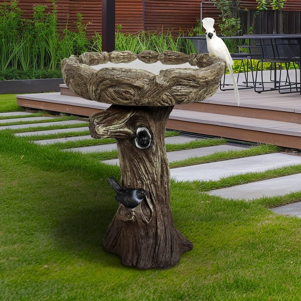 23" H Birdbath for Garden with a Fake Bird Decor - 23" H * 17.7" Φ Freestanding Trunk Like Bird Bath for Outside Patio or Yard Decor