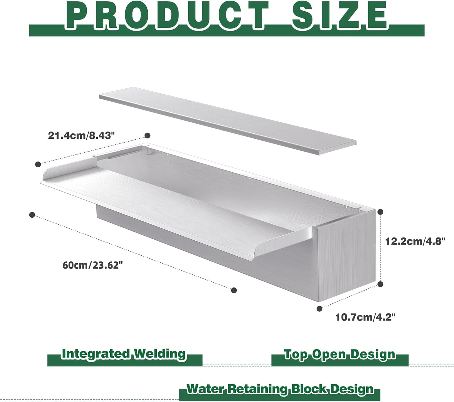 Waterfall Pool Fountain LONGRUNNEW 304 Stainless Steel 23.6" Rectangular Waterfall Spillway, Water Fall Fountain with Pipe Connector for Garden Outdoor, Swimming Pools, Fountains, Pond and Spa