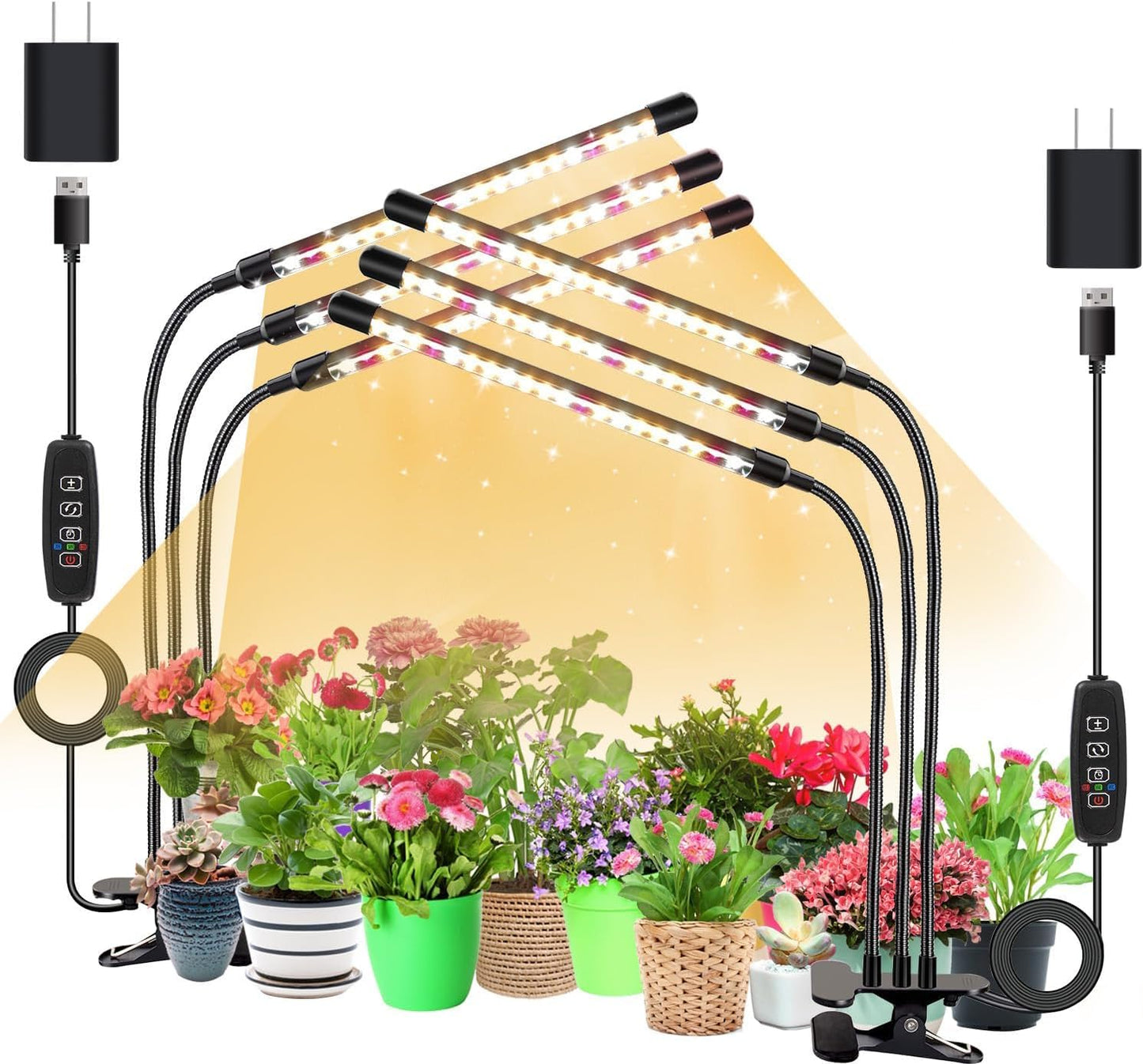 3head Plant Lights, 2Pack Grow Lights for Seed Starting, Full Spectrum Growing Lamps with Clip for Indoor Plants, Auto ON & Off Timer 3/9/12H, 3 Switch Modes, 10-Level Dimmable Brightness