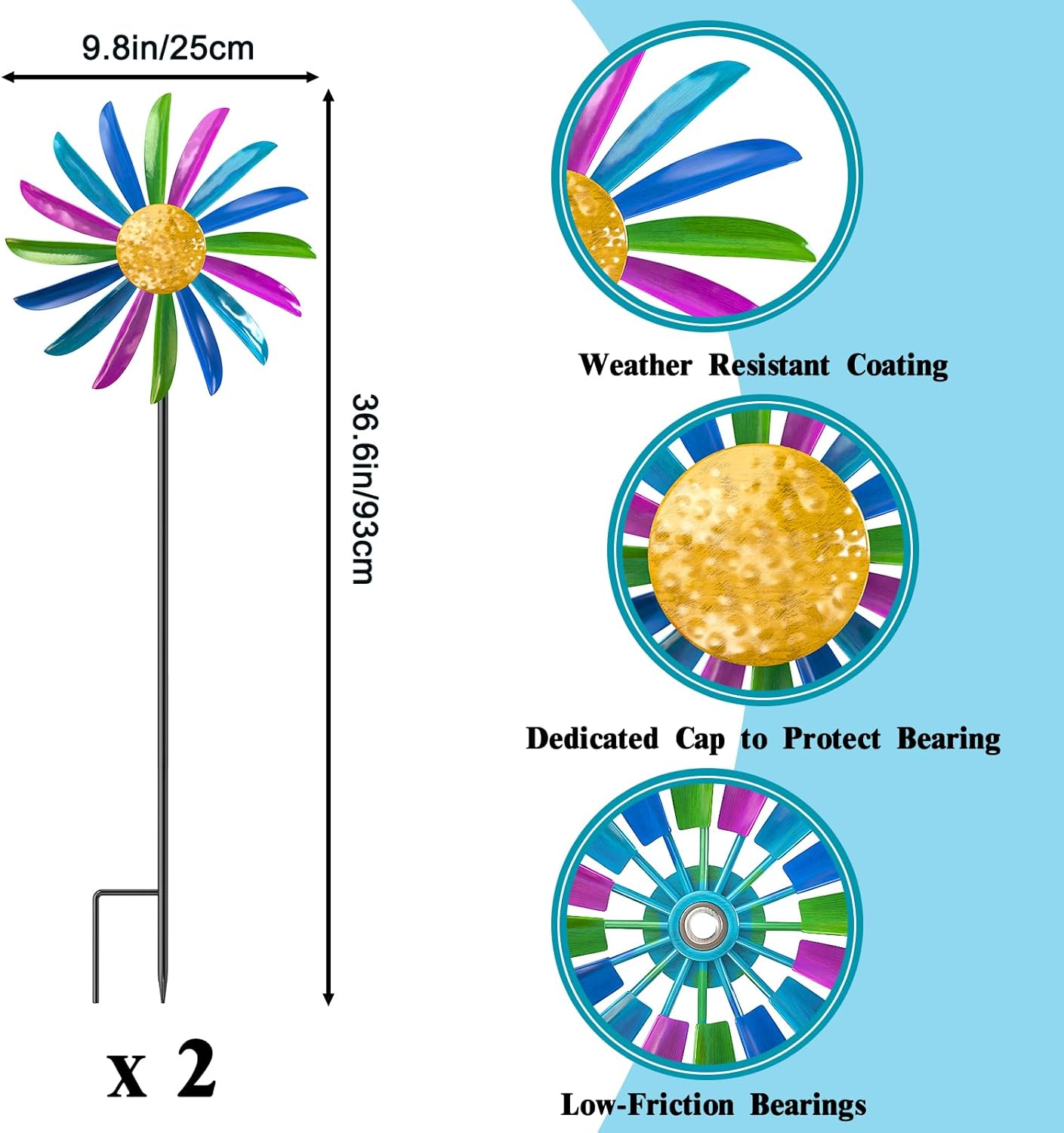 Metal Wind Spinners Outdoor, 360° Wind Sculpture Spinner with Metal Stake, Waterproof Spinners Green Kinetic Wind Spinner for Yard Lawn Decor (B- Colourful 2PC)