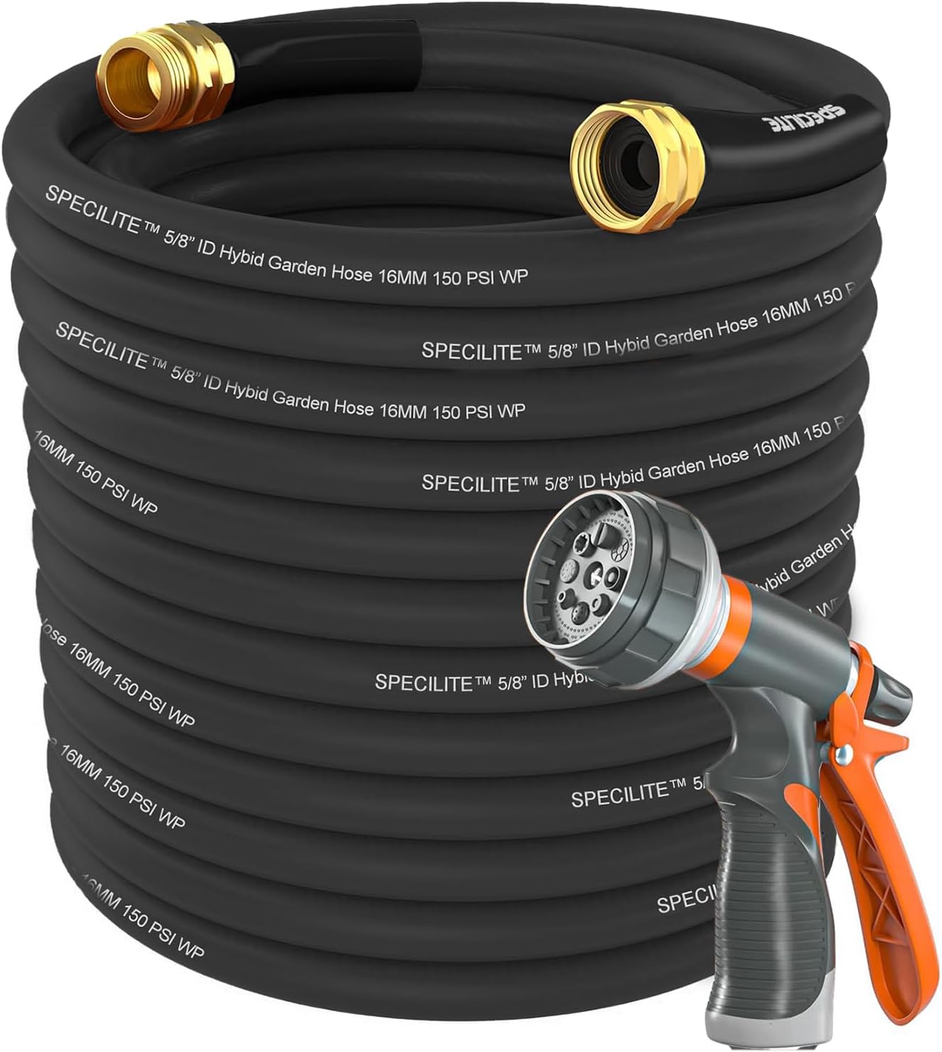 Garden Water Hose 200 ft x 5/8 in Heavy Duty, Flexible and Lightweight, Burst 600 psi, Kink-less Hybrid Rubber Pipe for Backyard, 3/4'' Brass Fittings, Black