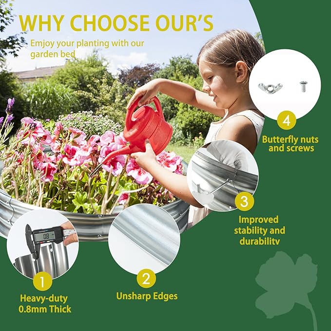 Durable Round Galvanized Steel Raised Garden Bed for Planting,Round Galvanized Steel Fire Ring/Fir Pit for Outdoor- 5×5×1FT,0.8MM Thick (Silver, 60 ins Diameter x 12 ins high)