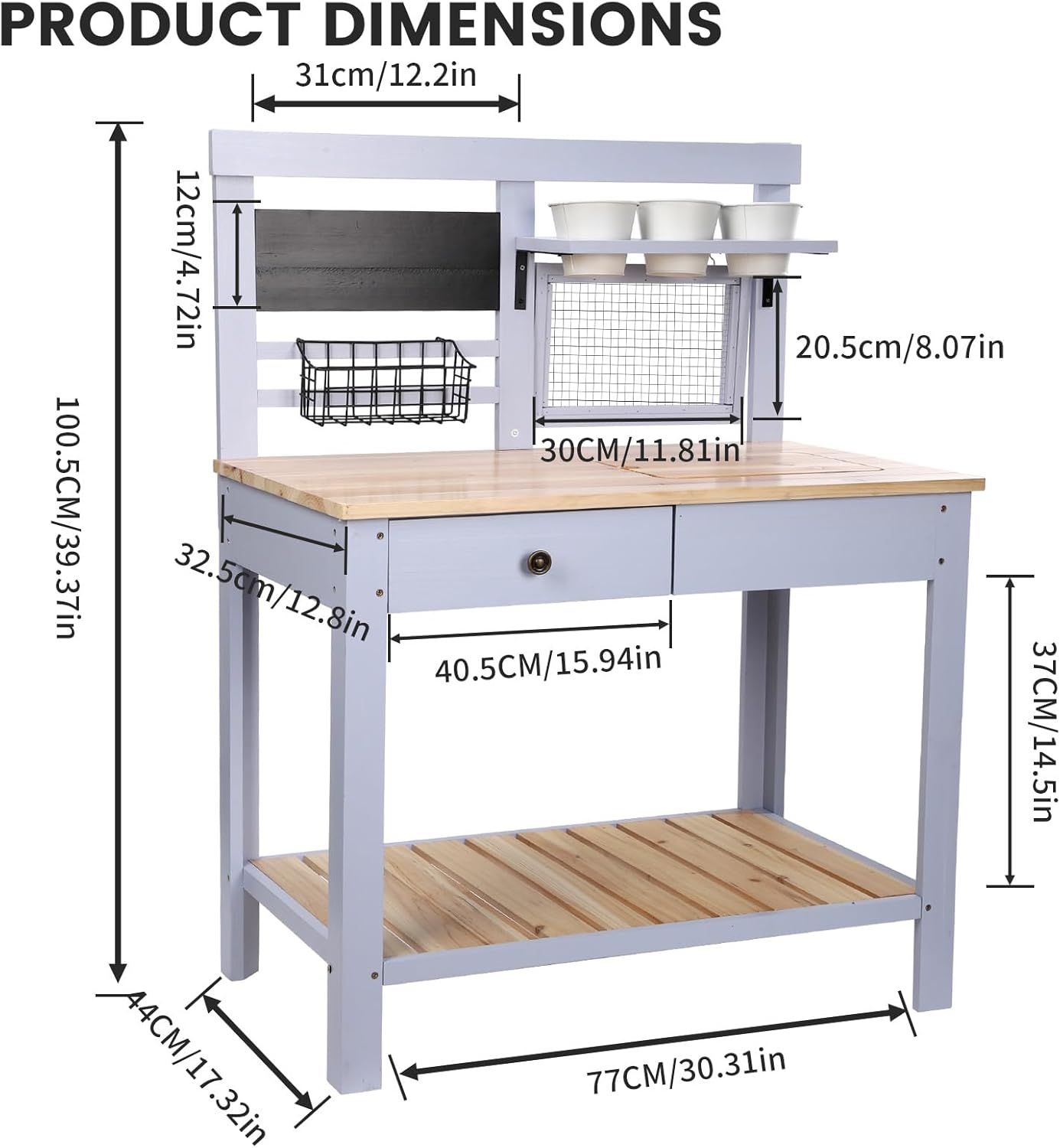 Potting Bench Outdoor Potting Table—All-Weather Kids Solid Wood Garden Work Station with Sink、Drawer、Hooks、3Flower Pots, Weather Proof （Blue, Large）