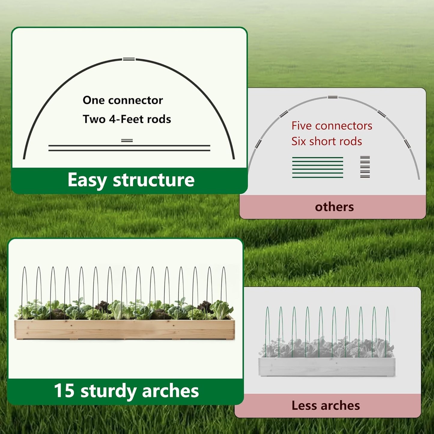 Garden Greenhouse Hoops Kit 15 Sets -2-Section Design, 8ft Grow Tunnels Poles Plant Raised Beds, 30 Pcs 4ft Solid Fiberglass Support Stakes 15 Metal Connectors -Quick Assembly No Loose Parts (Black)