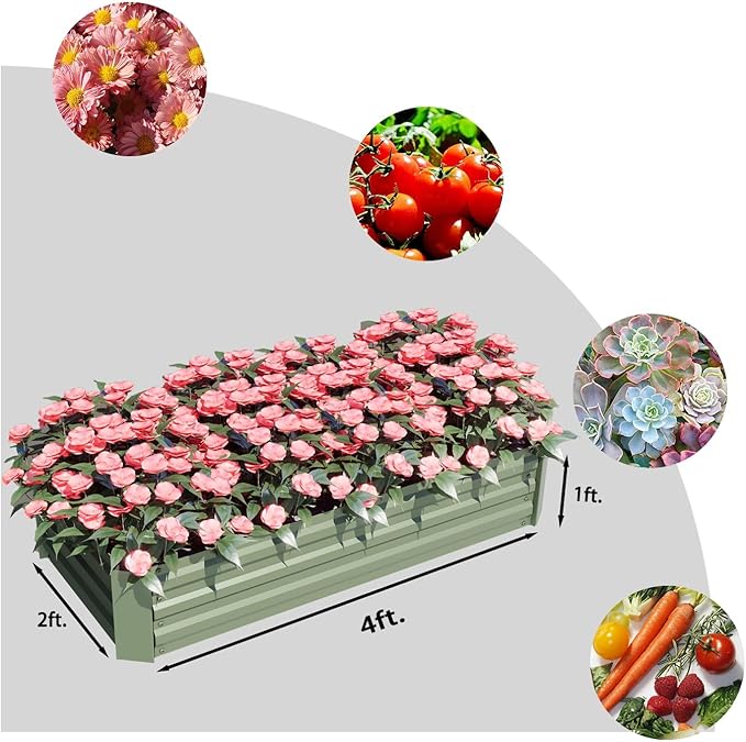 Aoodor 4 x 2 x 1 ft Outdoor Raised Garden Bed, Reinforced Galvanized Steel Planter Box for Vegetables, Flowers,Fruits and Herbs