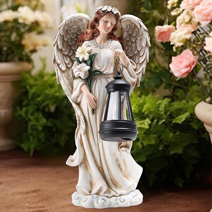 Solar Angel Outdoor Decor Garden Statues – 13.2 inches Angel Figurines Outdoor Sculptures with Solar Lantern for Outside Yard Art Patio Balcony Front Lawn Ornaments Gifts for Mom Grandma Women