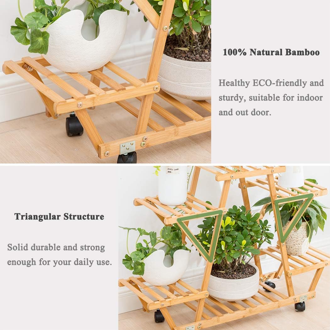 Bamboo Rolling 6 Tier Plant Stand Rack Multiple Flower Pot Holder Shelf Indoor Outdoor Planter Display shelving unit for Patio Garden Corner Balcony Living Room