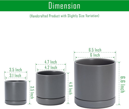 D'vine Dev 3 Inch & 4 Inch & 6 Inch, Set of 3 Round Ceramic Planter Pot with Drainage Hole and Saucer, Grey, 94-T-S-3