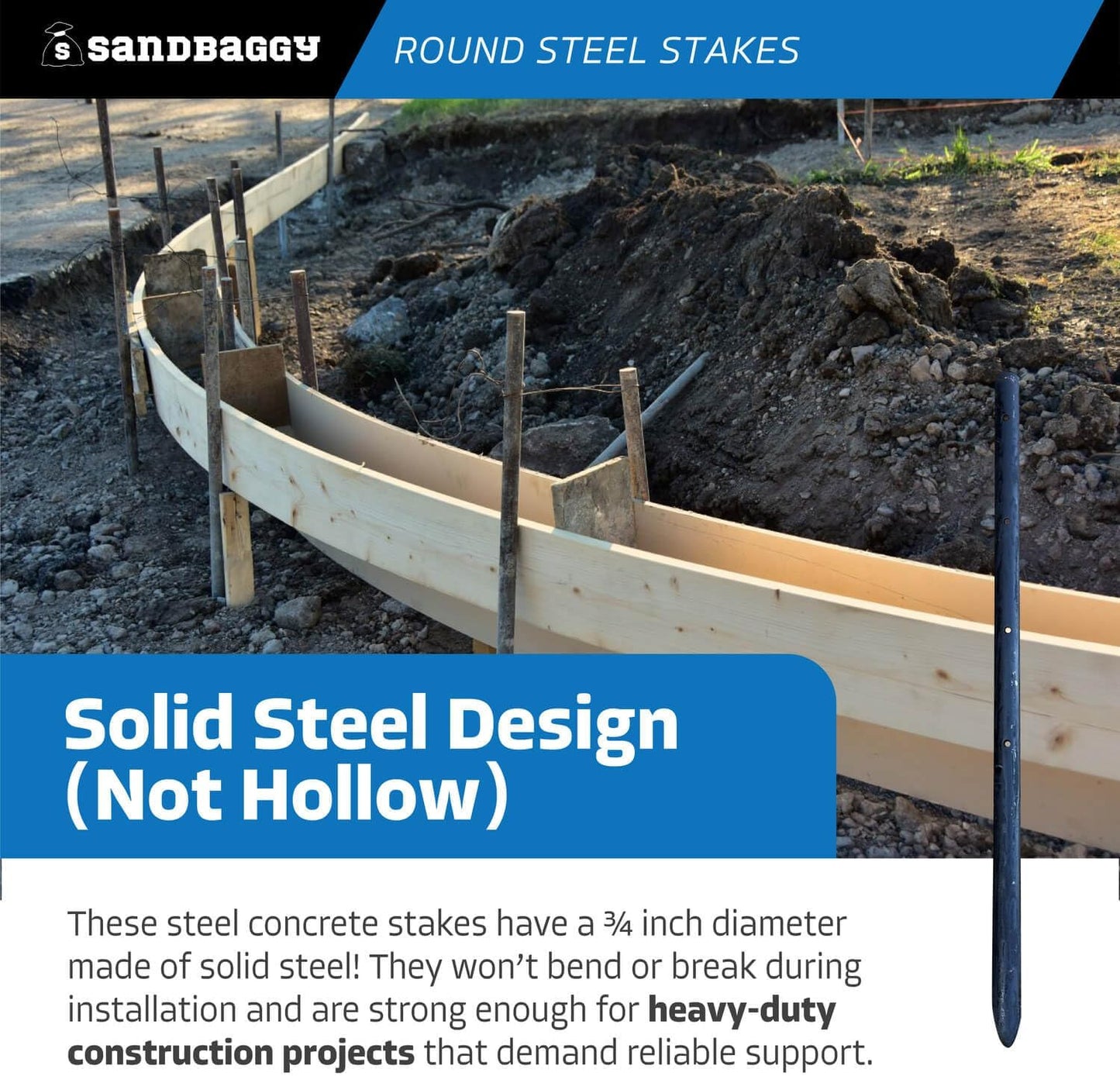 Sandbaggy Round Steel Concrete Form Stakes with Nail Holes - Rust Resistant Coating - Removable, Reusable (20, 3/4 in X 18 in)